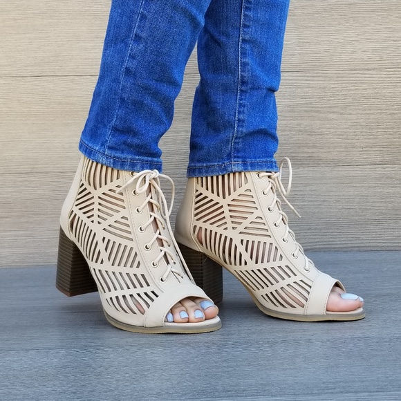 Open Toe Laced Up Spring Cut Out Ankle Booties - P - Picture 8 of 8